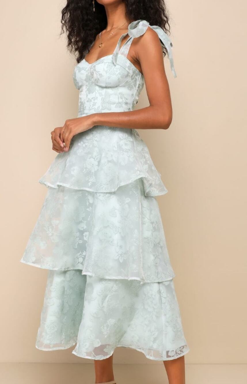 Lulus Glamorous Sweetie Tie-Strap Bustier Midi Dress in Sage Green Burnout